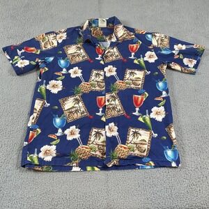Winnie Fashion Shirt Mens XL Blue Hawaiian Cocktail Print Button Up Made Hawaii